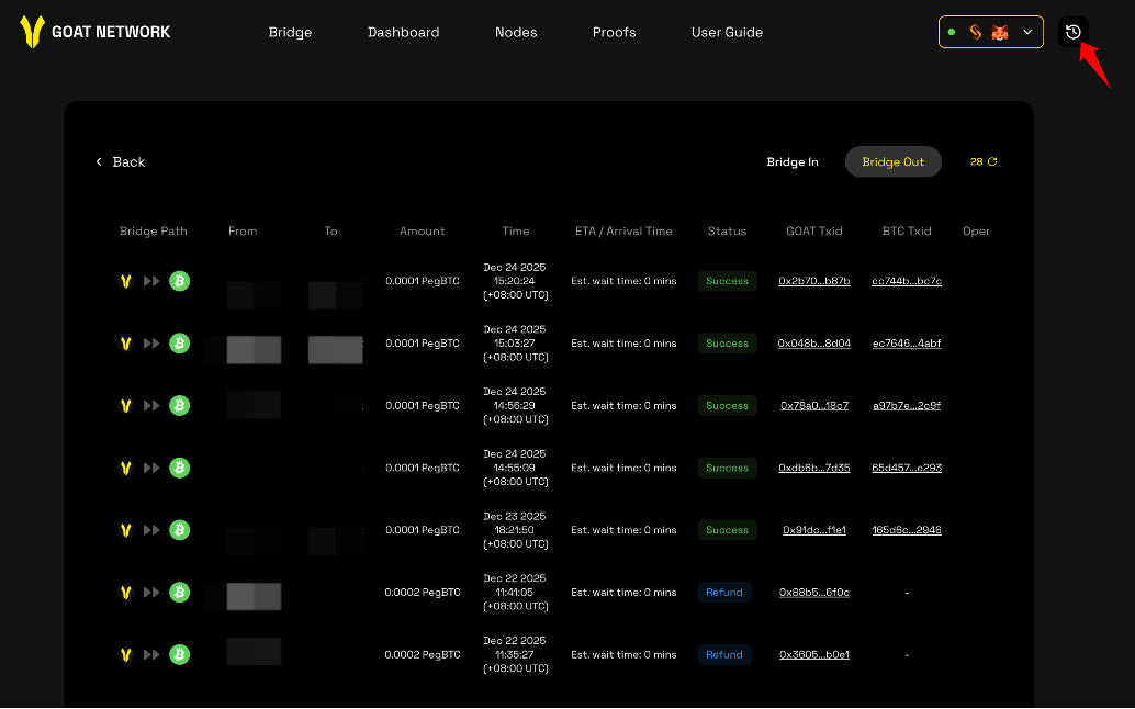 BitVM2 bridge history screen