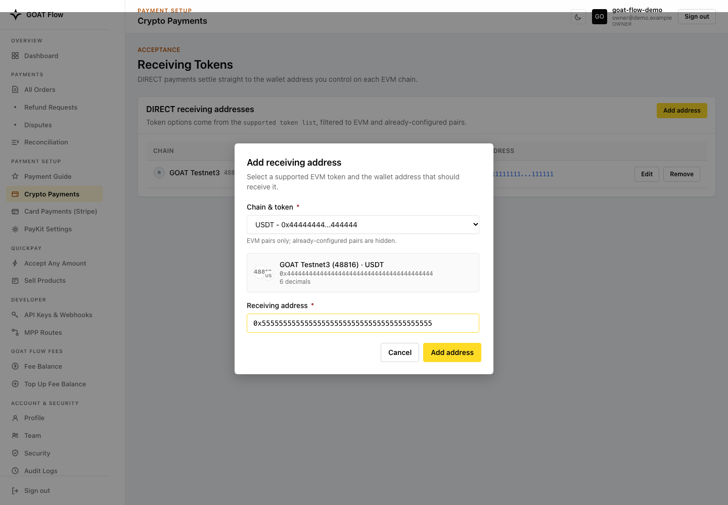 Add receiving wallet form with an illustrative token and address