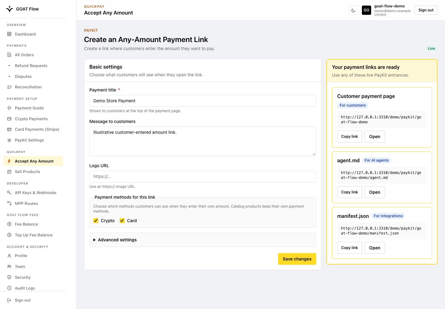 Custom-amount Payment Link configuration with synthetic local links