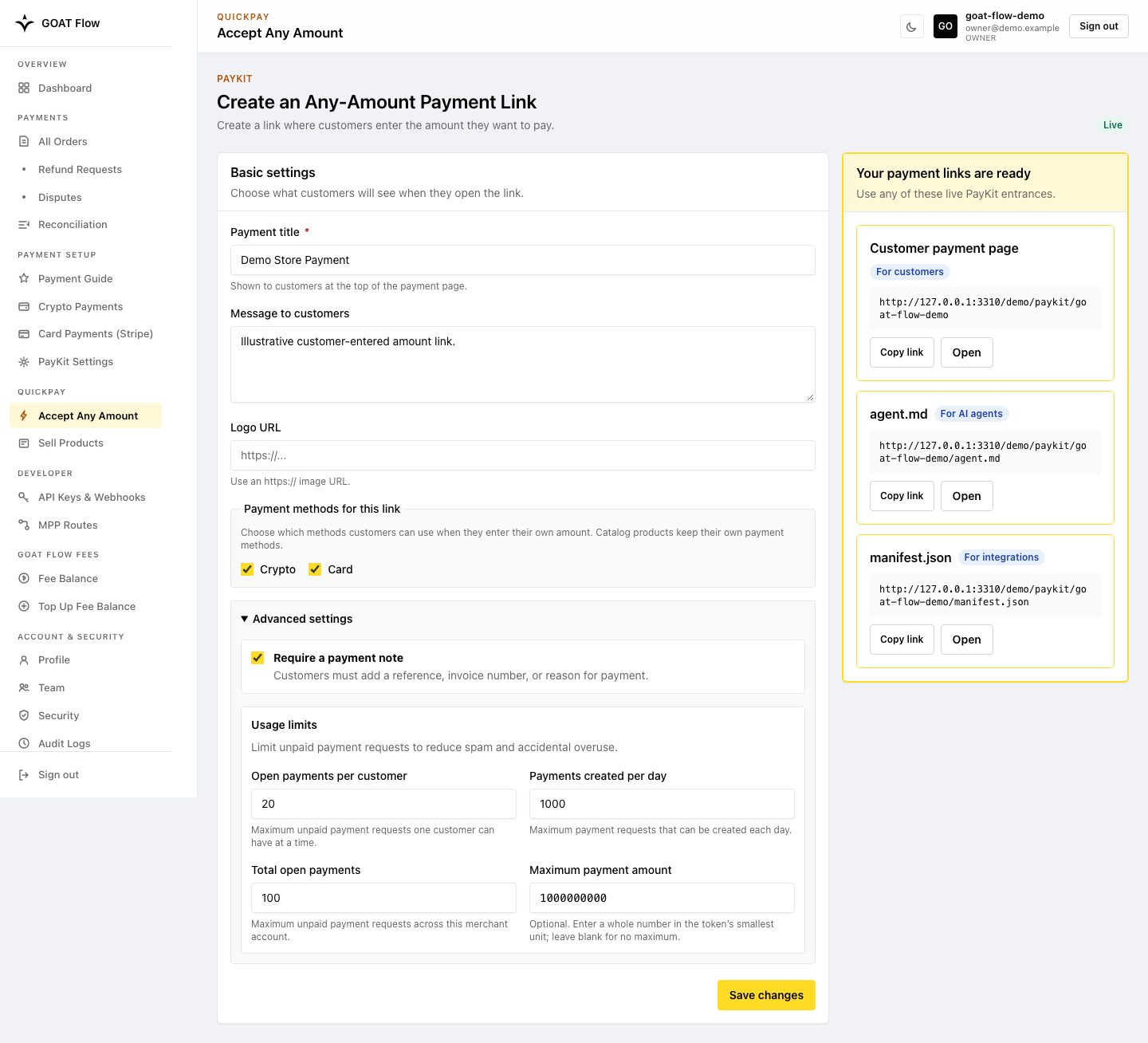 Any Amount advanced settings showing the memo requirement and payment-session limits