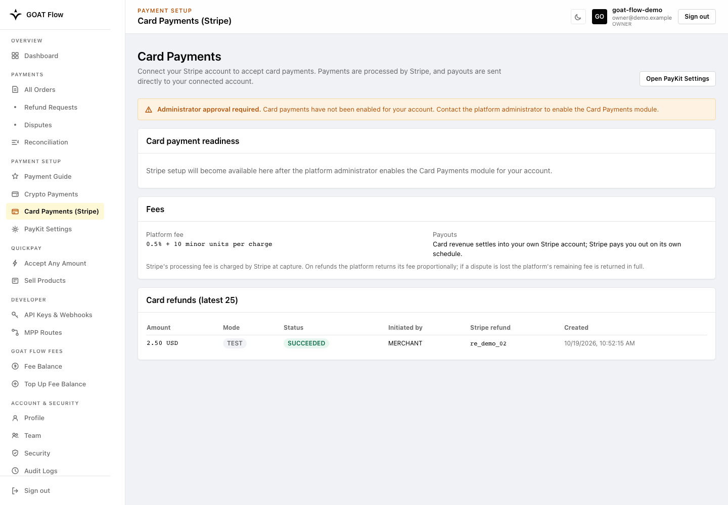 Card Payments waiting for administrator enablement