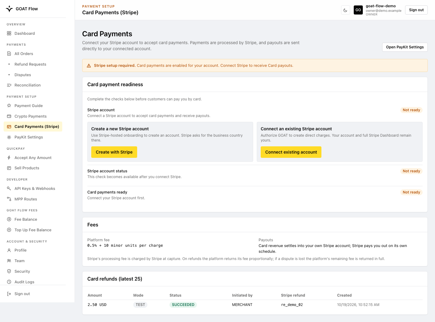 Create with Stripe and Connect existing account entry points