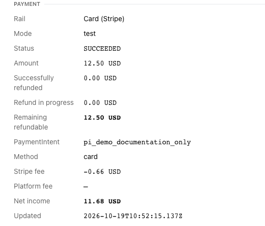 Card payment record with TEST mode, fiat amount, and refund information