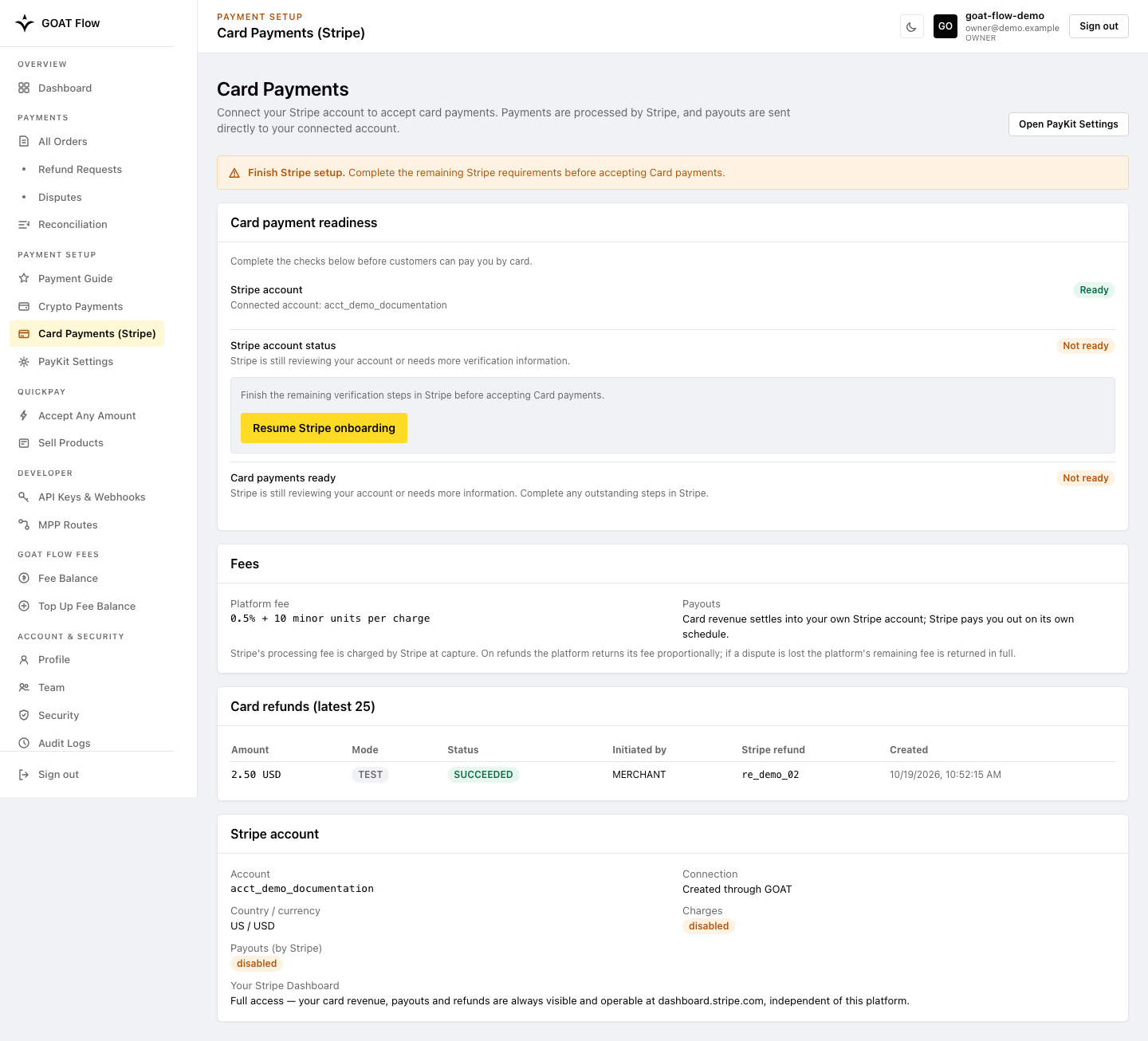 Connected Stripe account with Resume Stripe onboarding and charges not yet enabled