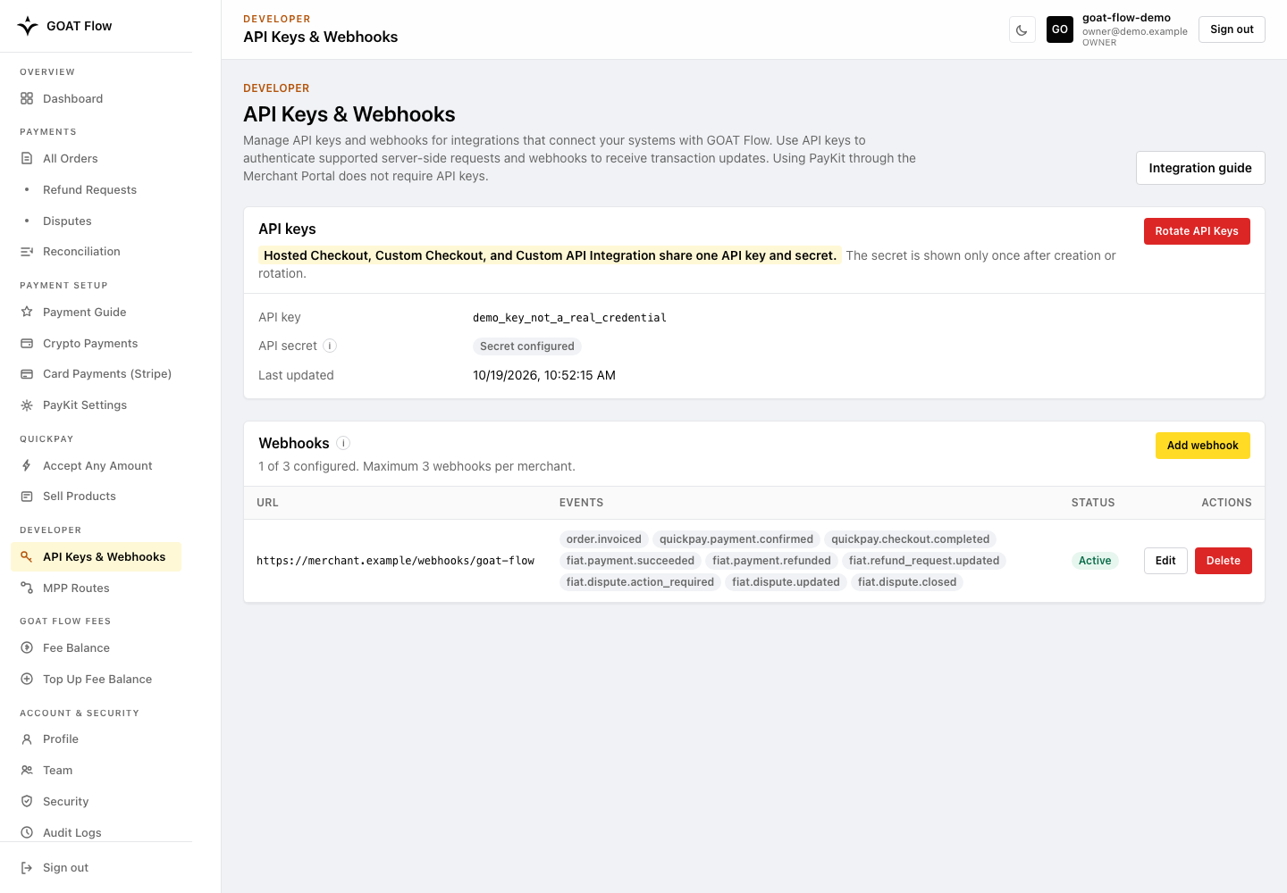 API Keys and Webhooks with a nonfunctional demo key and no revealed secret