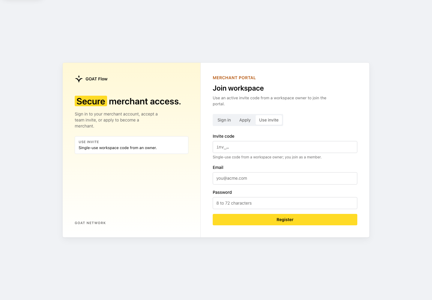 Join workspace form with no active invite or credentials shown