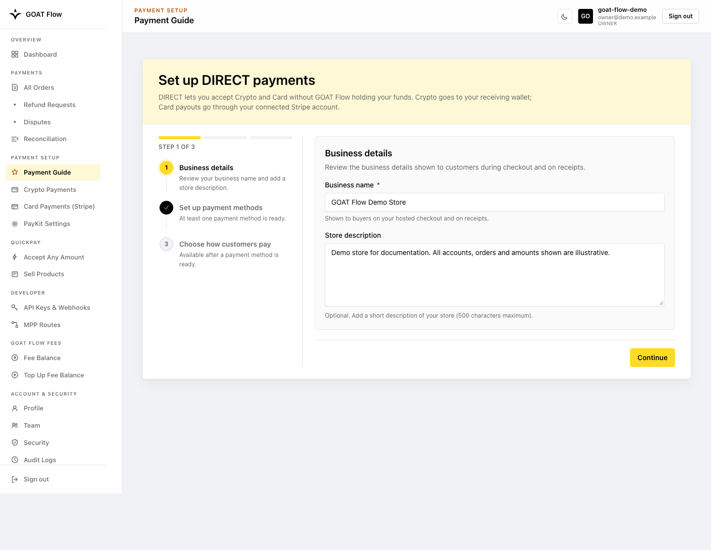 Payment Guide step 1: business name and Store description