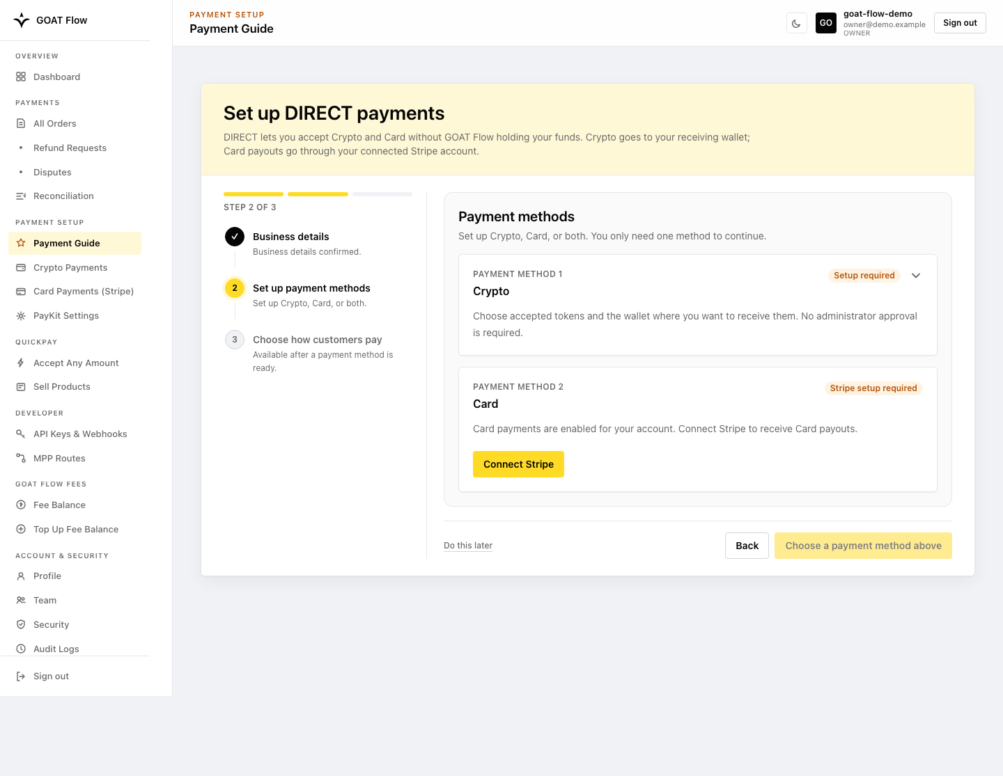 Payment Guide step 2: choose Crypto, Card, or both