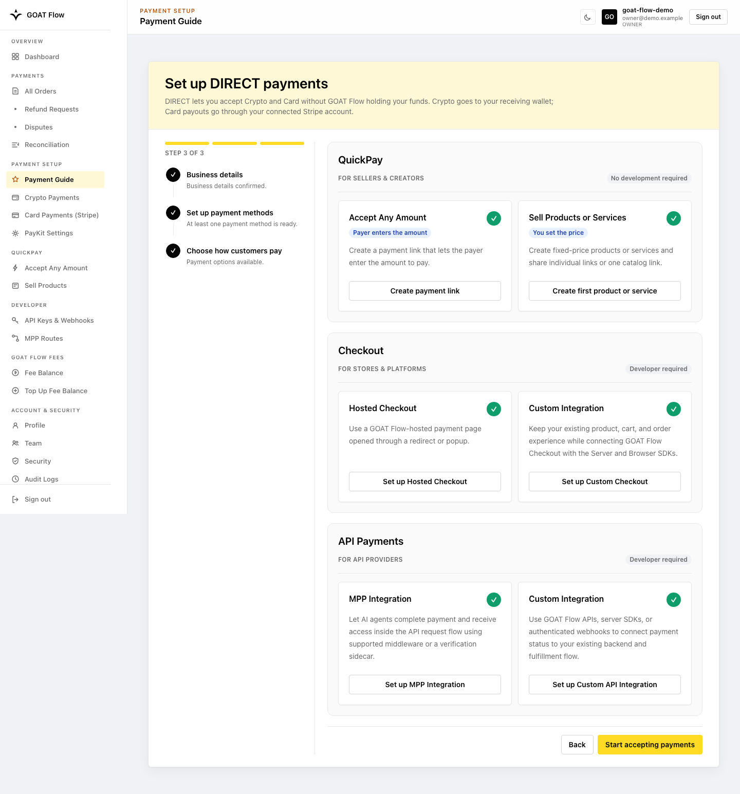 Payment Guide step 3: select the business integration options