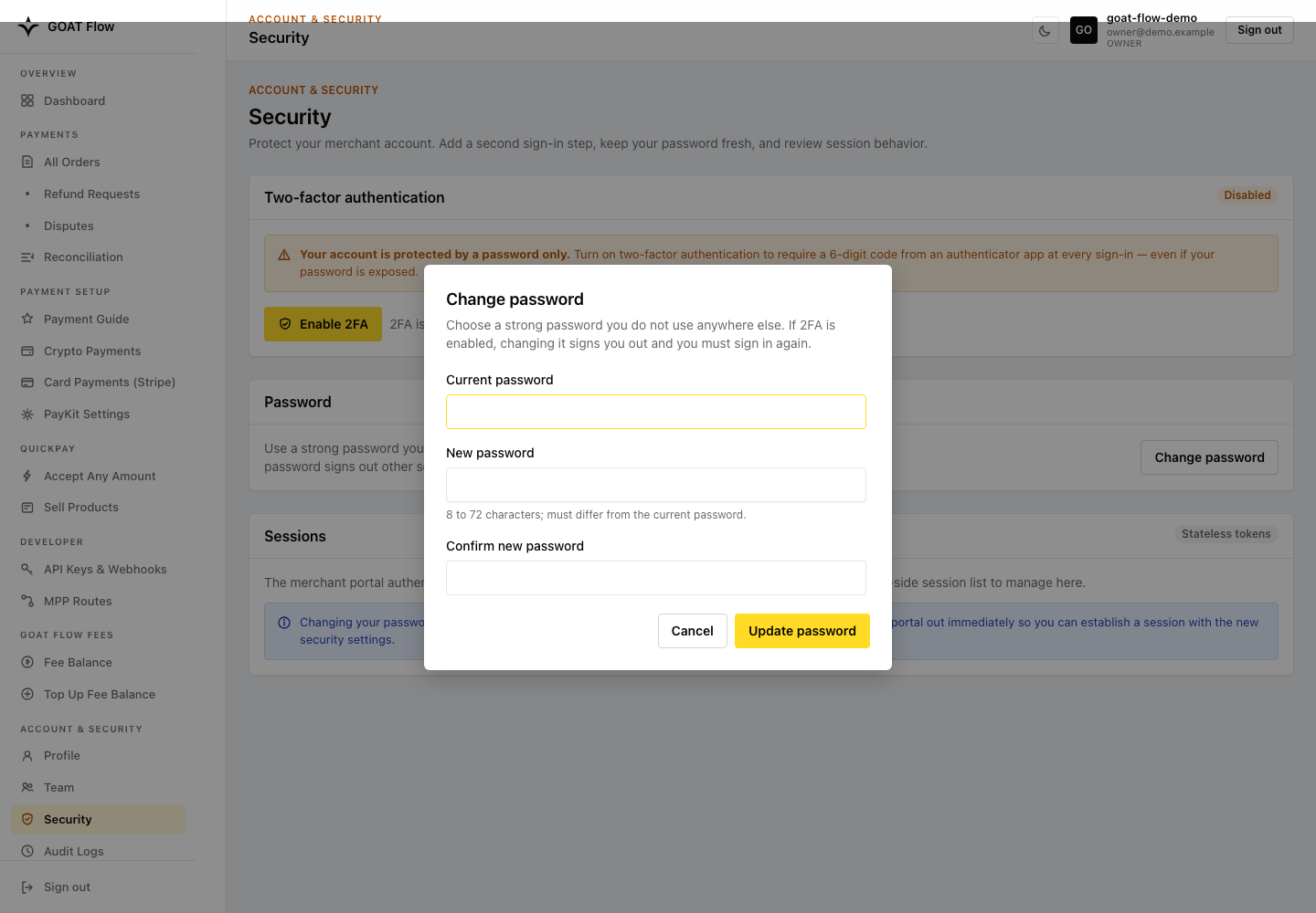Change password form with no credentials entered
