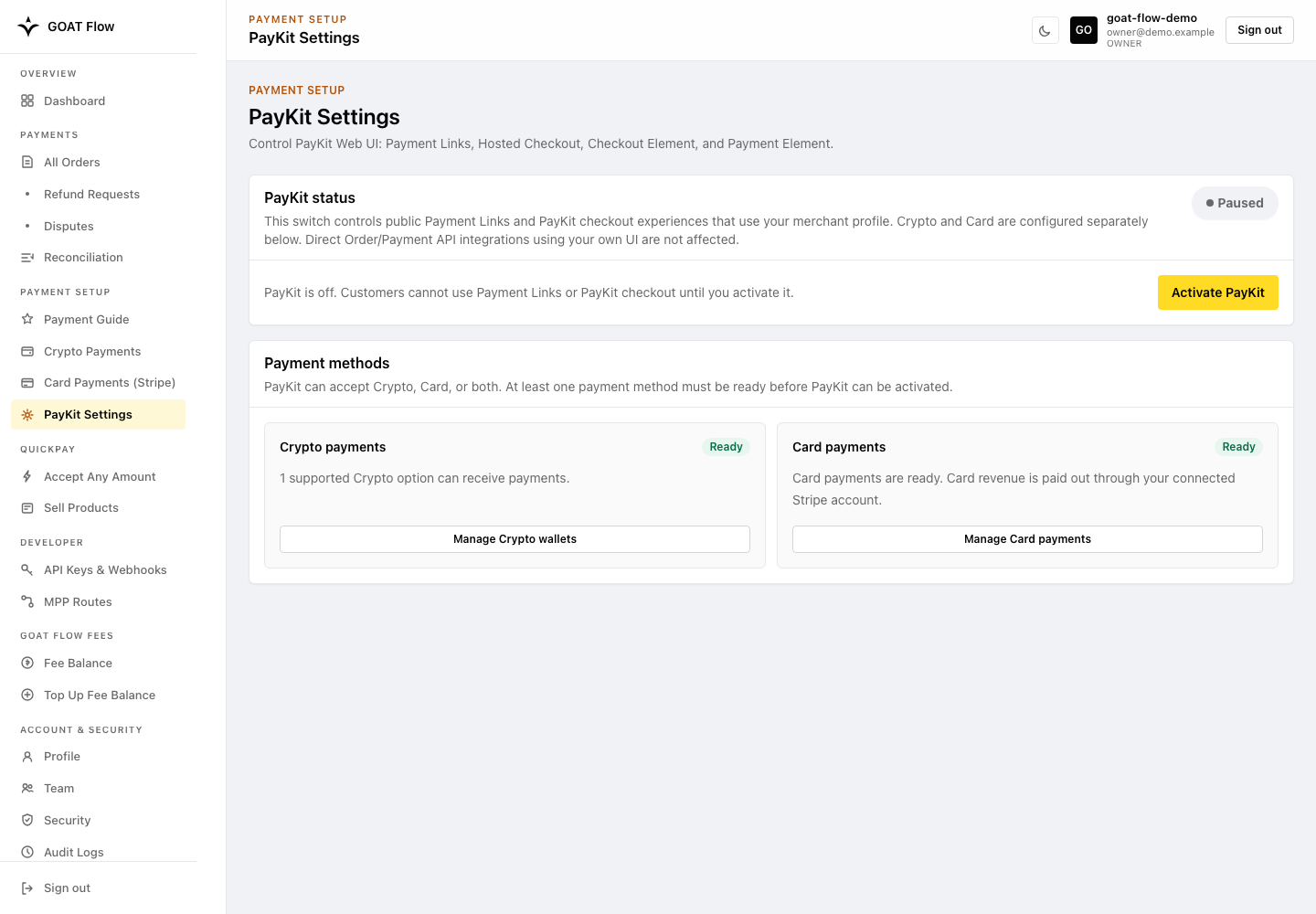 Paused PayKit with the Activate PayKit action