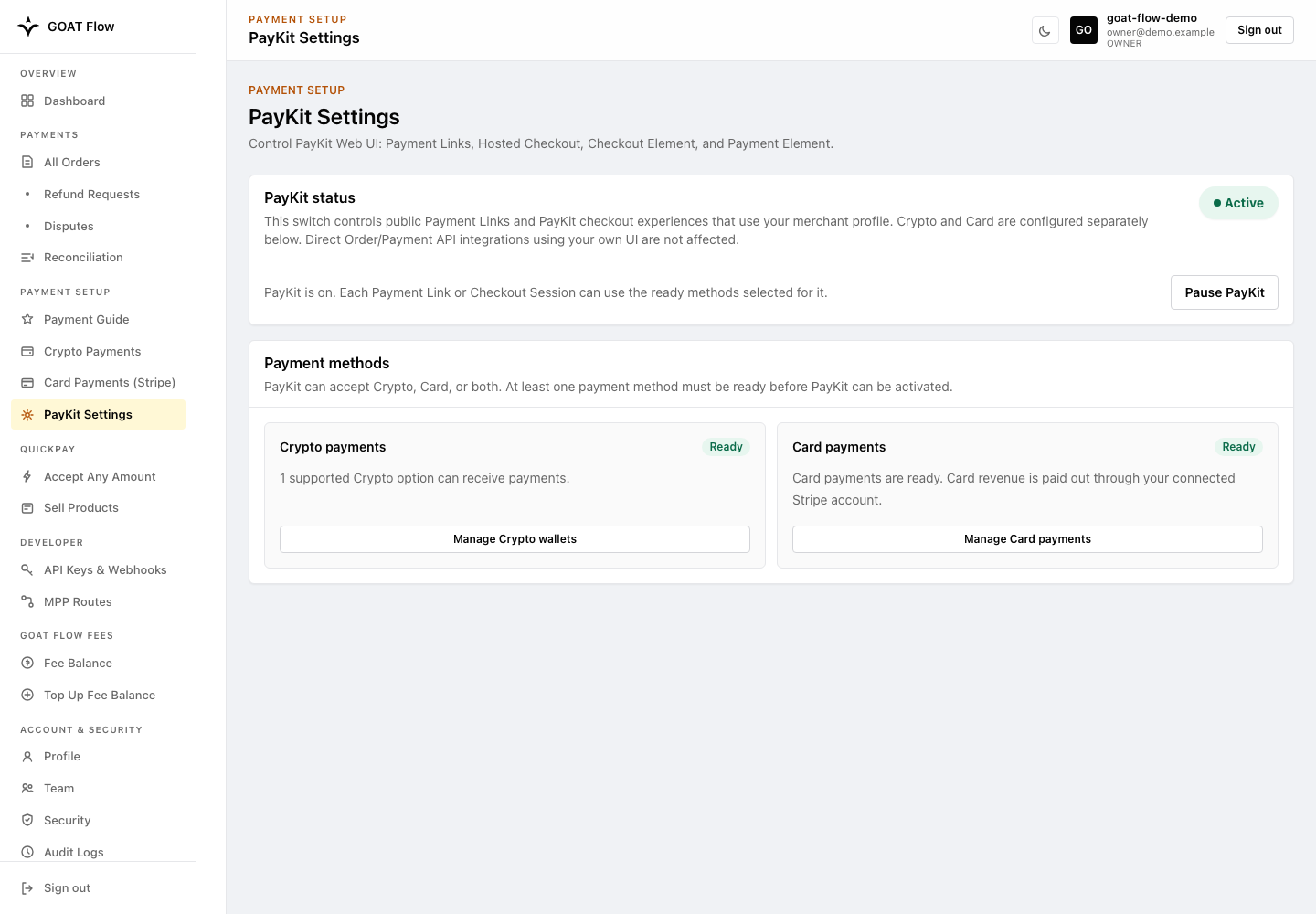 PayKit Settings with Crypto and Card ready