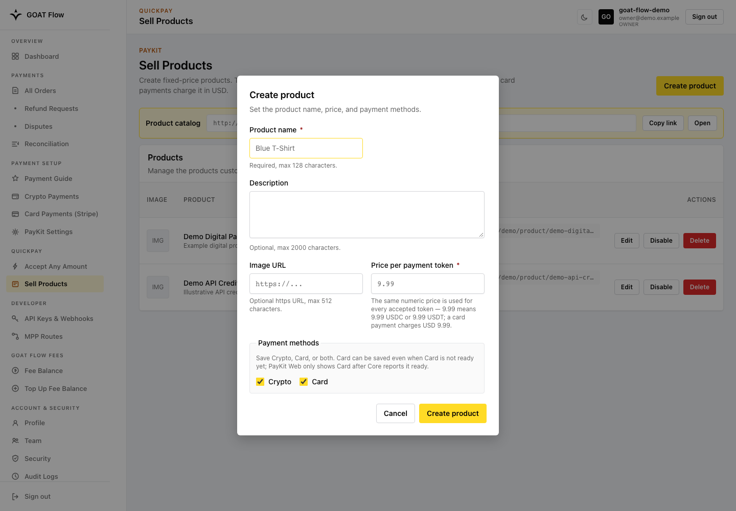 Product form showing numeric pricing and independent Crypto/Card selection
