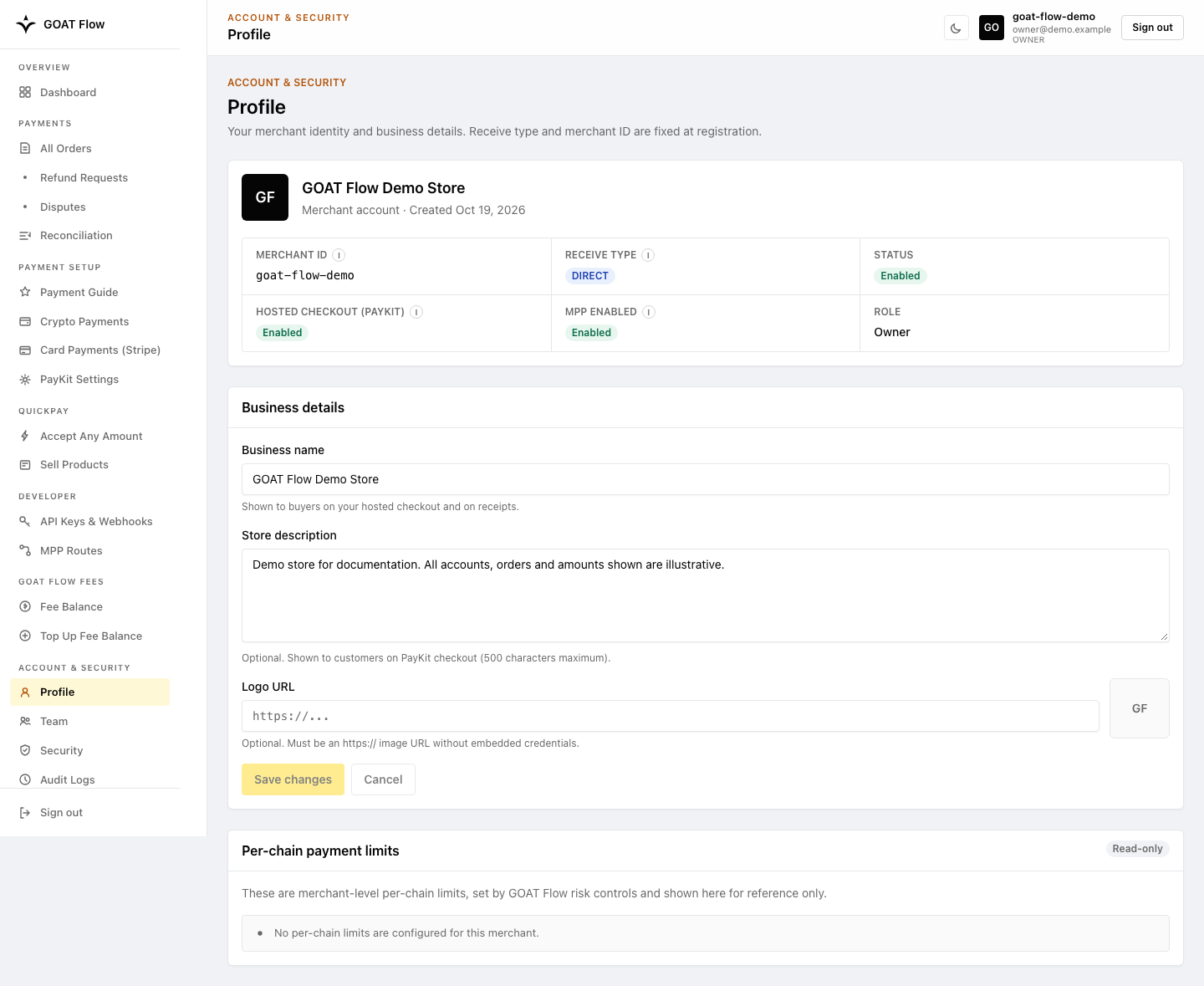 Merchant Profile including Store description