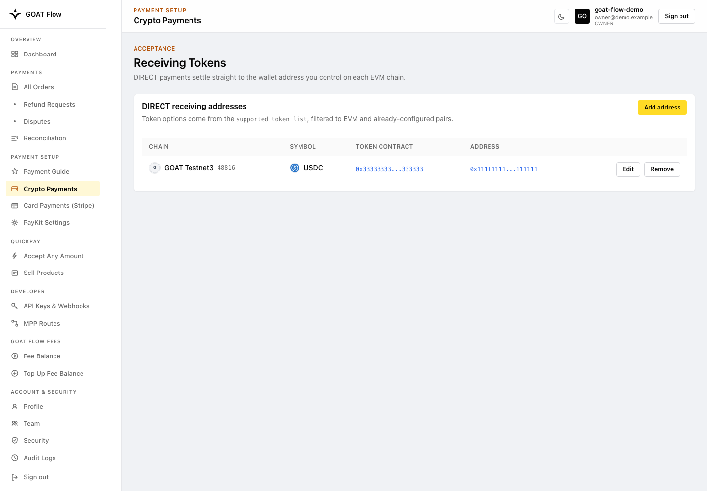 Configured Crypto receiving wallet — synthetic example