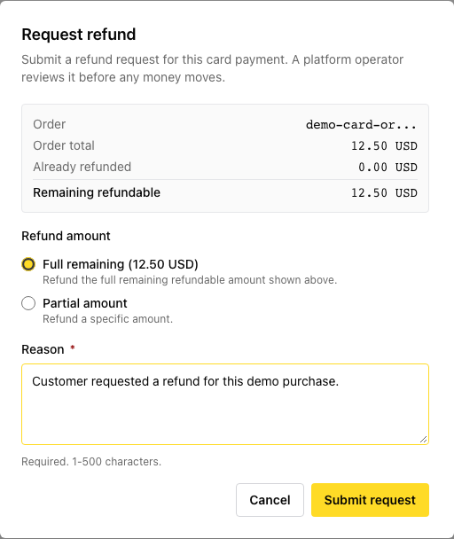 Full remaining Card refund request — demonstration only, not submitted