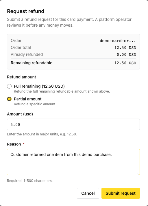 Partial Card refund amount and reason — demonstration only, not submitted
