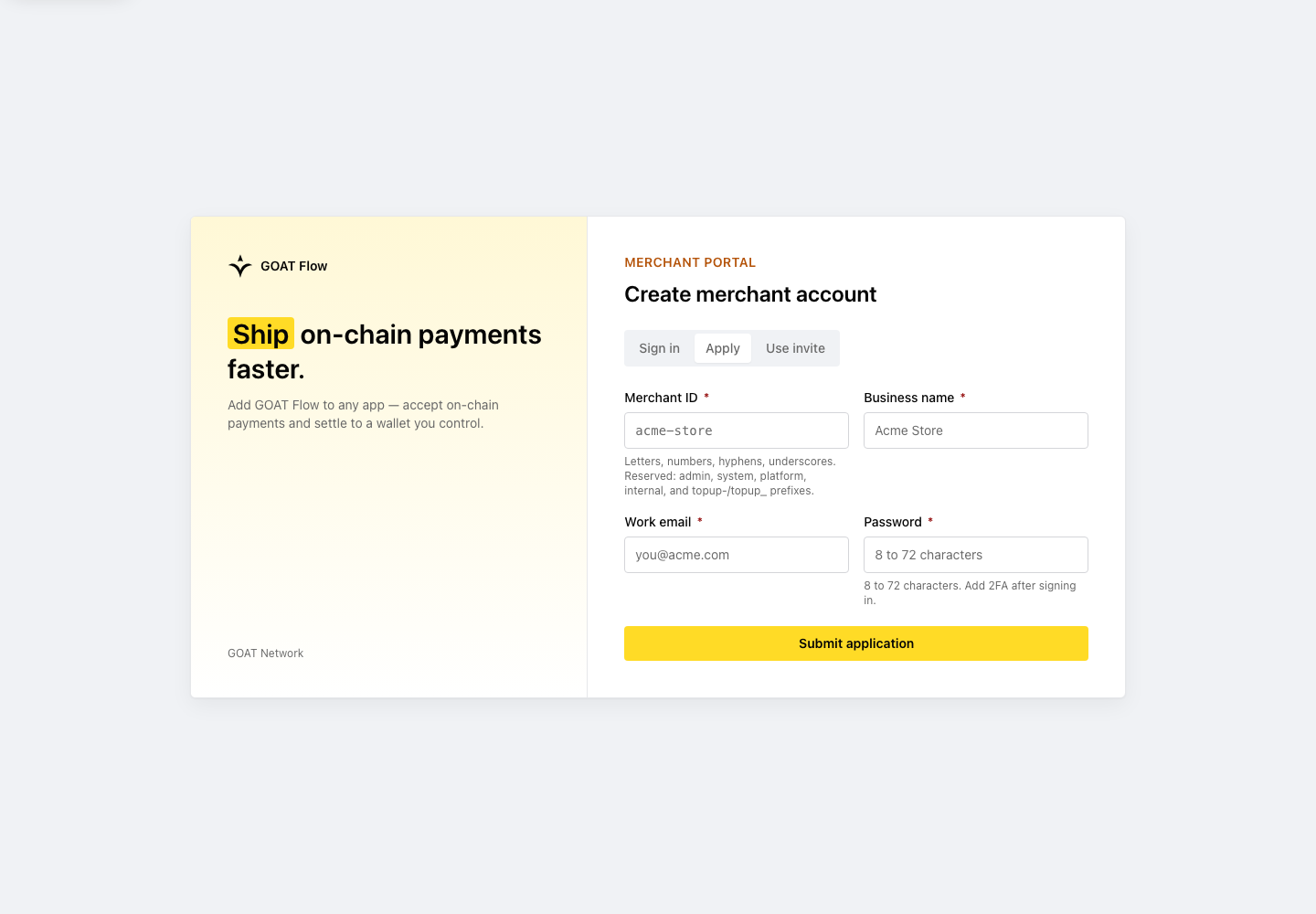 Merchant registration form — local demonstration