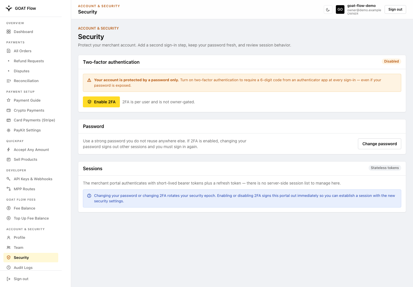 Account security and two-factor authentication settings