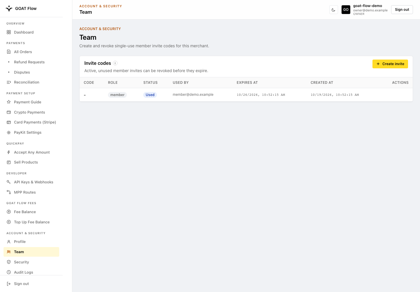 Team page showing a redeemed demonstration invite