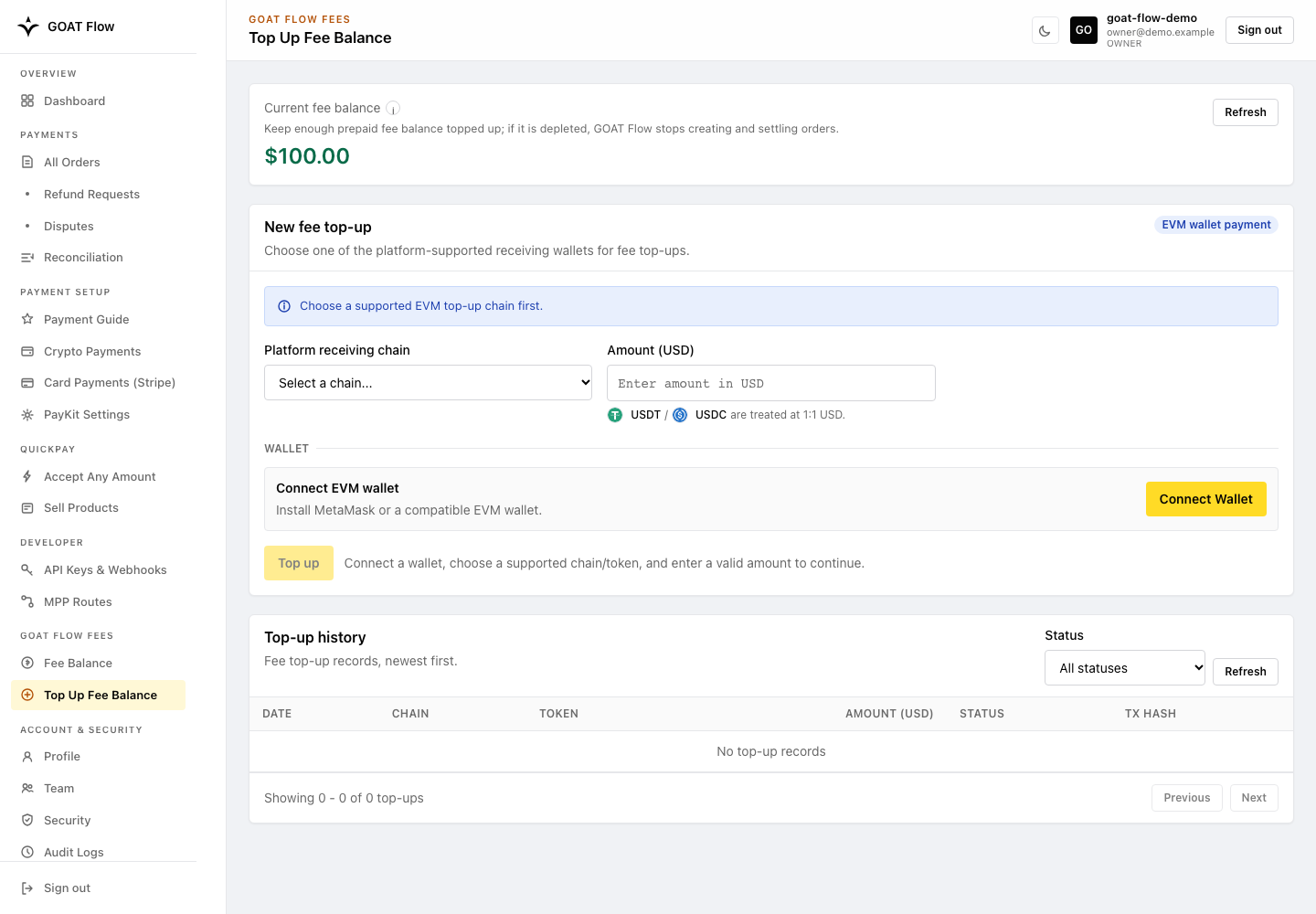 Fee top-up form with demonstration values and no connected wallet or payment