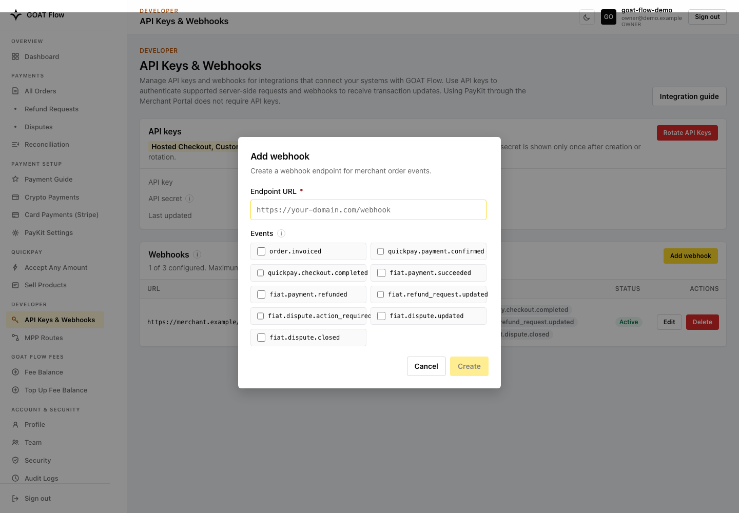Webhook setup with all nine current event subscriptions