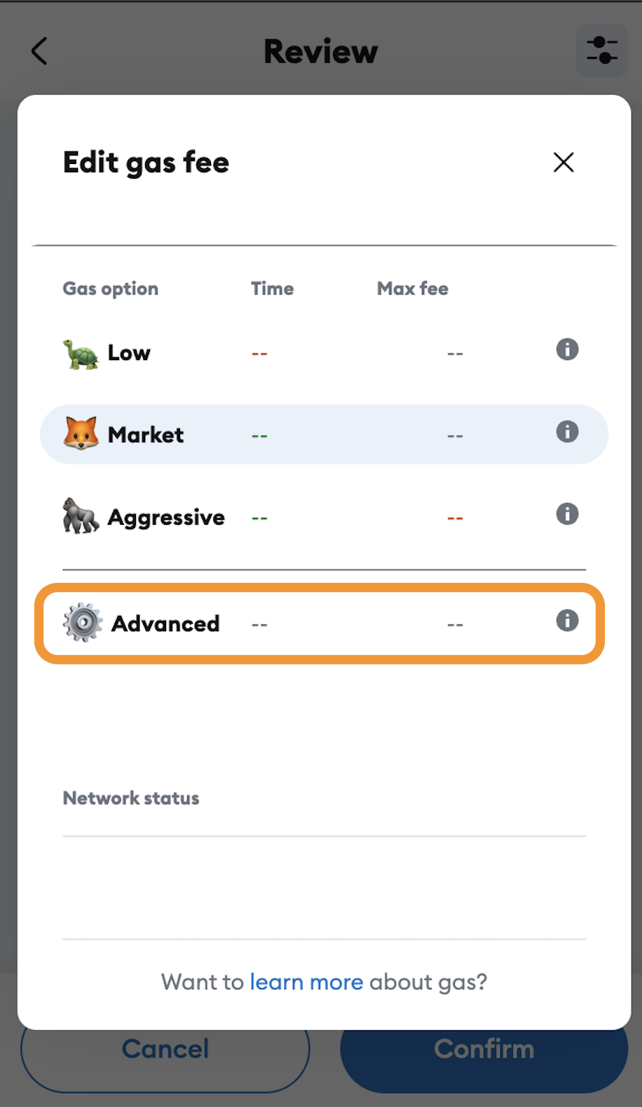 Switch to advanced gas settings