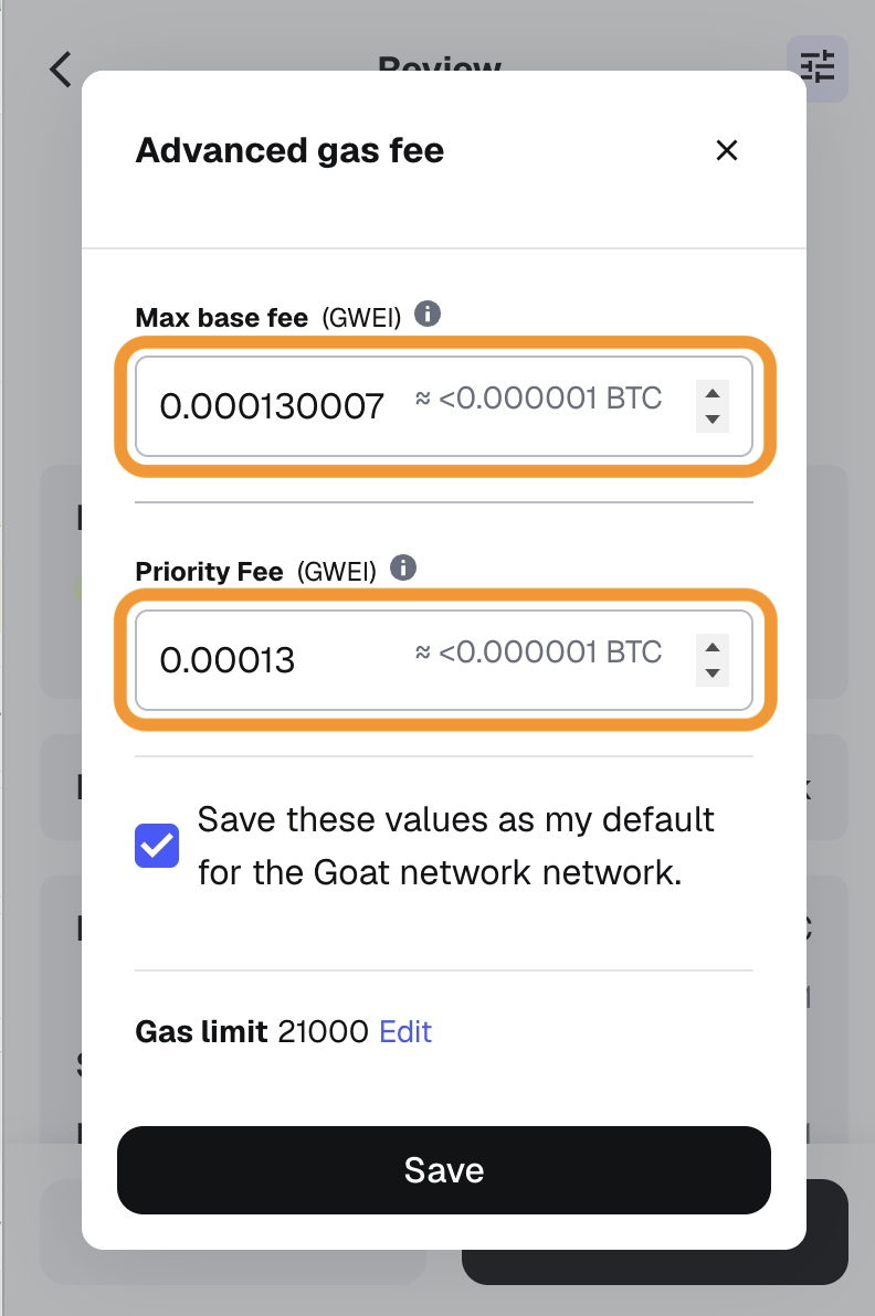 Enter the custom gas values