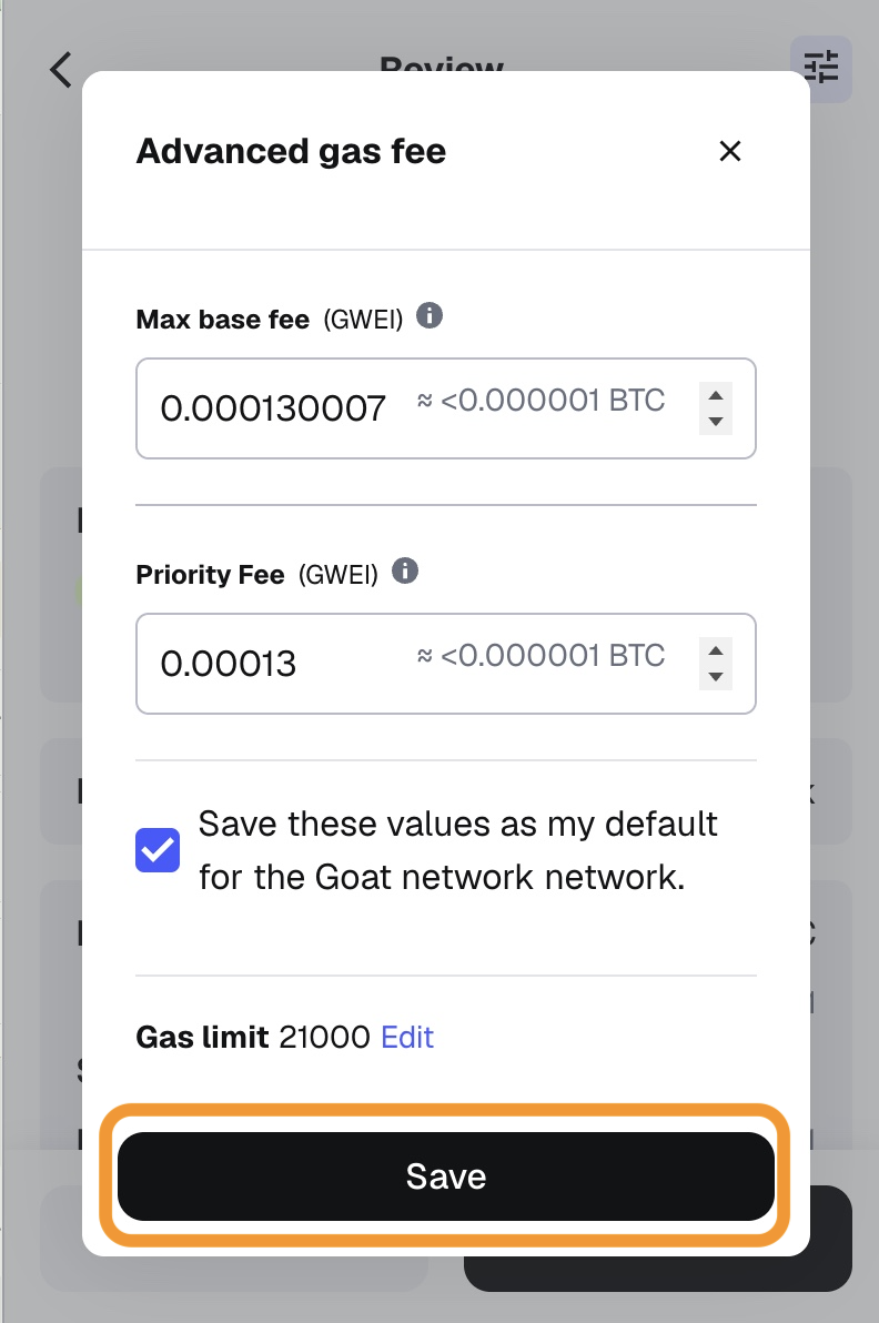 Confirm the final gas settings