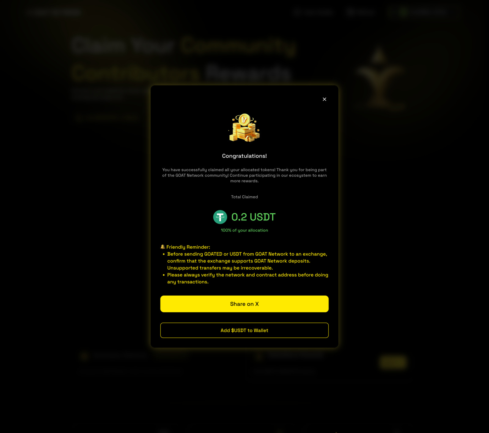 Successful USDT claim modal
